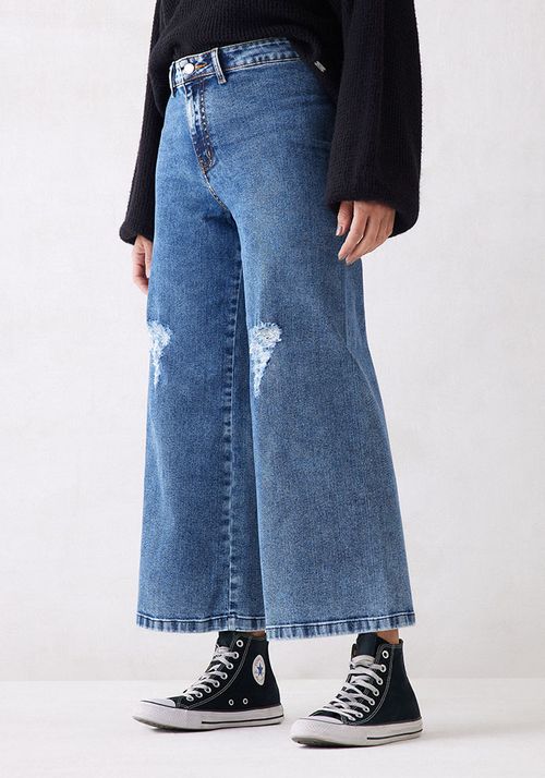 Jeans Wide Culotte Desgaste En Rodillas