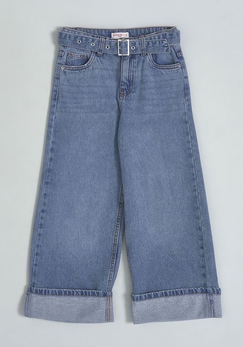 Jeans Wide Leg Doblado Abajo Con Cinturón De Denim
