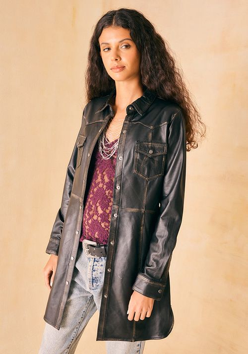 Chaqueta Cuero Tipo Blusón/Vestido Procesada Bolsillos Delanteros