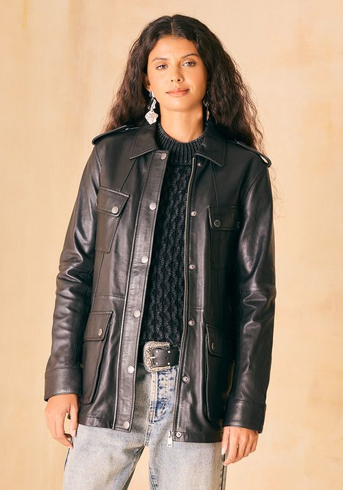 Chaqueta Cuero Tipo Sahariana Procesada Bolsillos Delanteros