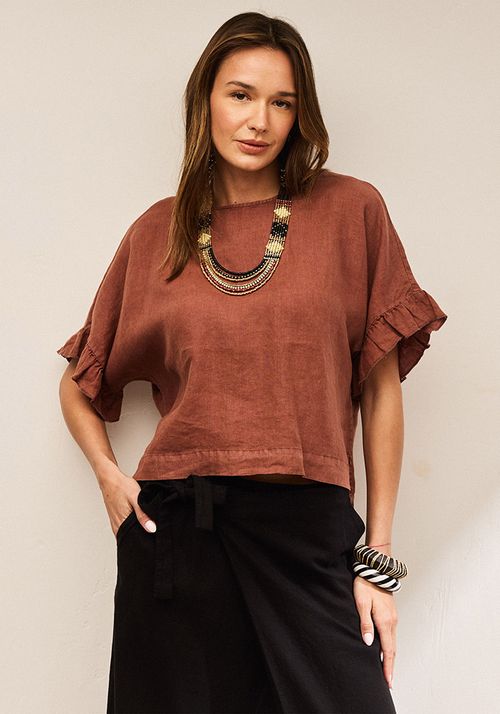 Blusa Lino Detalle De Vuelo En Mangas