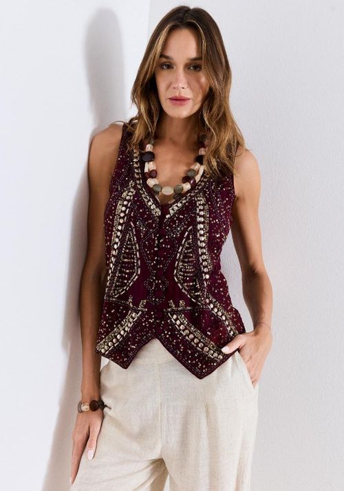 Blusa Tipo Gillet Bordado Con Lentejuelas, Botones Forrados