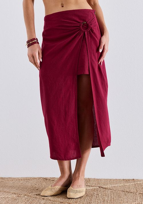 Falda look lino tipo pareo con argolla de madera