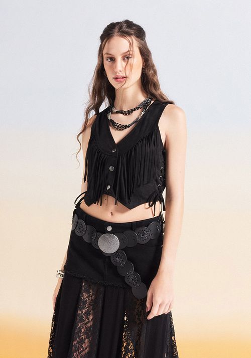 Blusa Look Cuero con Flecos y Trenzas