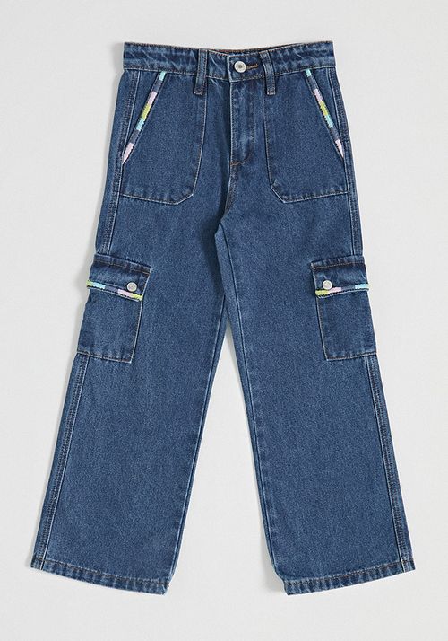 Jeans Cargo Wide Leg con Bordados Color